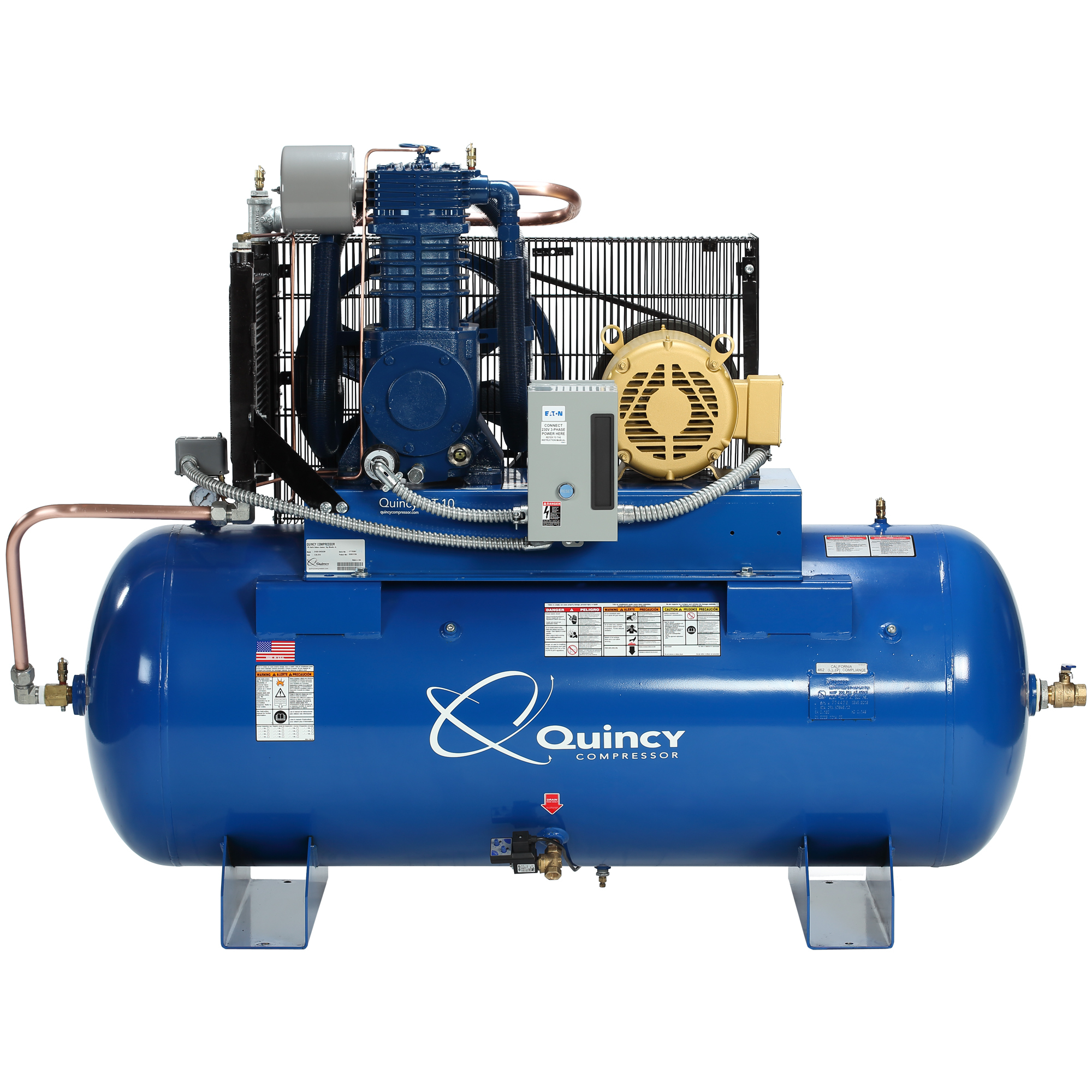 Quincy Compressor, QT 10H 120G 2Stg Air Compressor 460V 3ph HM, Horsepower 10 HP, Air Tank Size 120 Gal, Volts 460 Model# 4103D12HCB46M